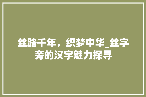丝路千年，织梦中华_丝字旁的汉字魅力探寻