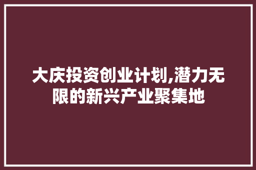 大庆投资创业计划,潜力无限的新兴产业聚集地