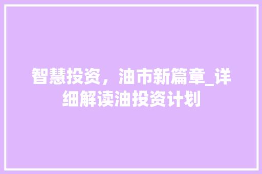 智慧投资，油市新篇章_详细解读油投资计划