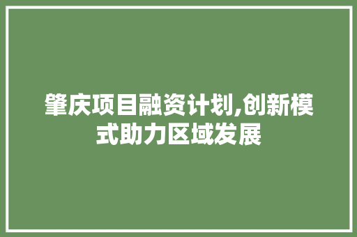 肇庆项目融资计划,创新模式助力区域发展
